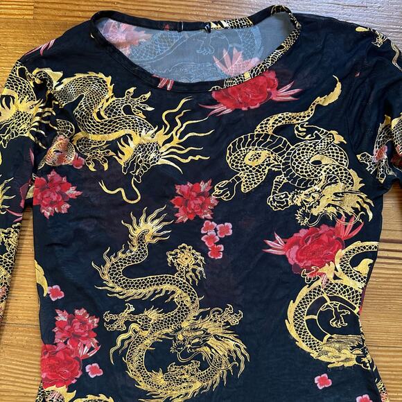 Sheer black gold red Asian long sleeve bodysuit SIZE L - Picture 2 of 4